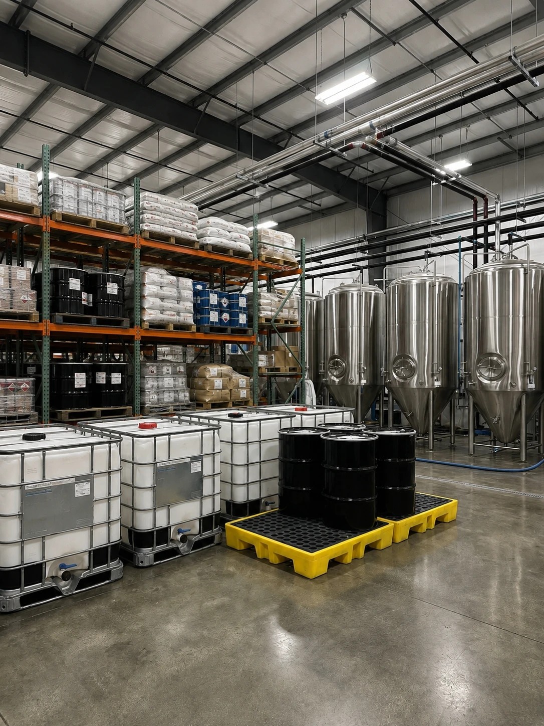 Bodega de almacenamiento de insumos químicos industriales con estanques y tambores