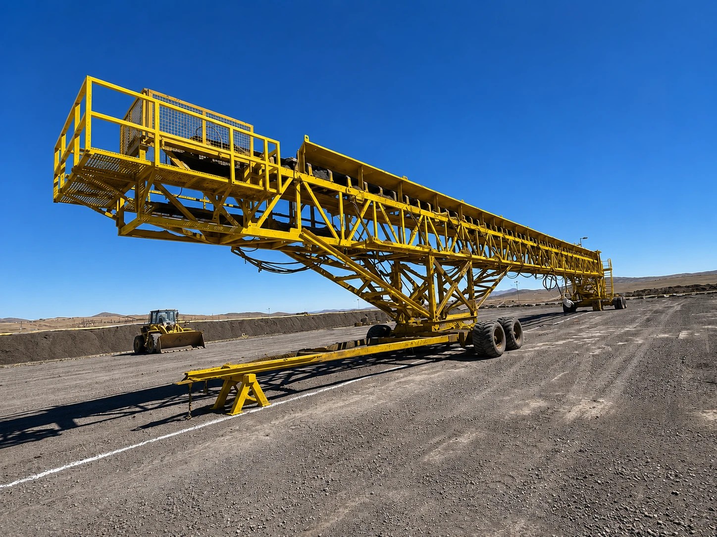 Traslado de equipo transportador completo, estructura montada sobre remolque en faena minera